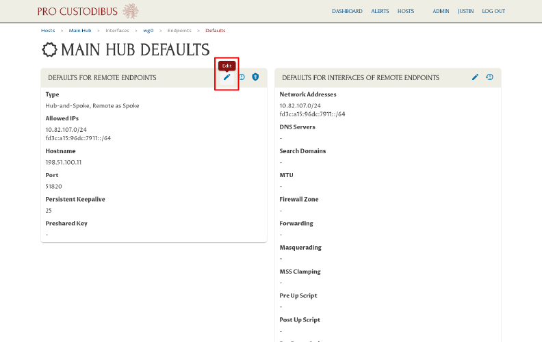 Main Hub Defaults Page