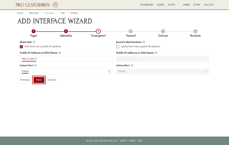 Connection Wizard Transport Page