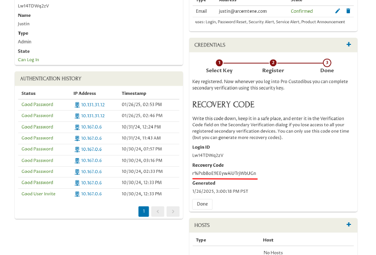 Credentials Panel, Recovery code