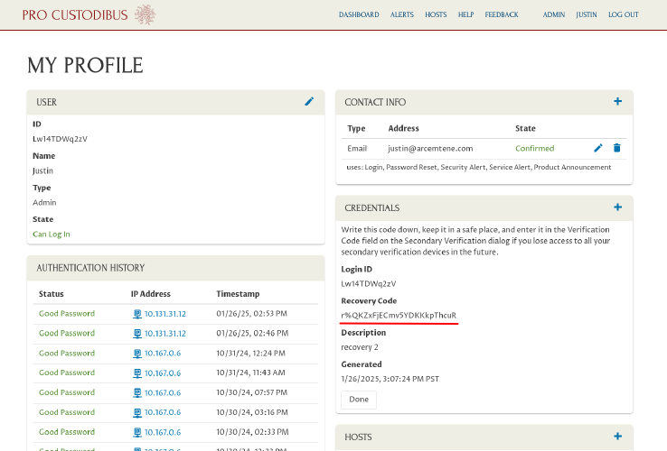 Credentials Panel, Recovery code